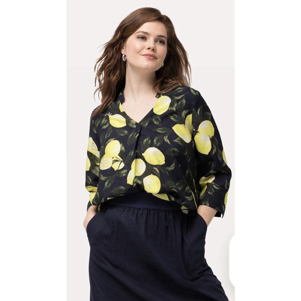 Ulla Popken Lemon Print Tunic Blouse‎ 3/4 Sleeve Womens Plus 20/22 Vacation